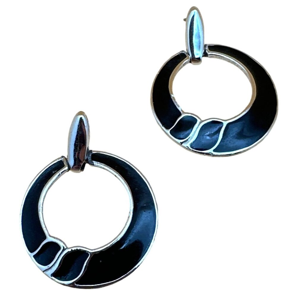 Vintage Black Enamel Hoop Earrings Post Pierced Circular Y2k Drop Career Formal